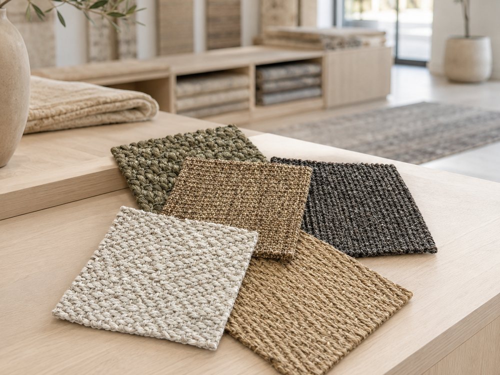 Rugcraft swatch cuttings on a showroom table